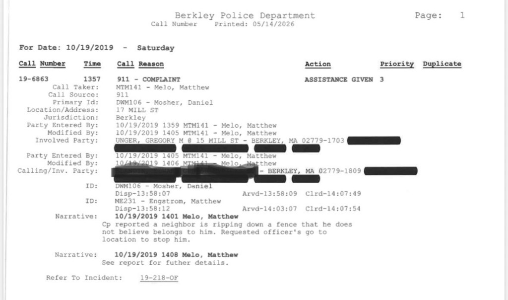 Berkley Police Department report dated 10/19/2019 detailing a 911 complaint regarding a neighbor potentially damaging property.