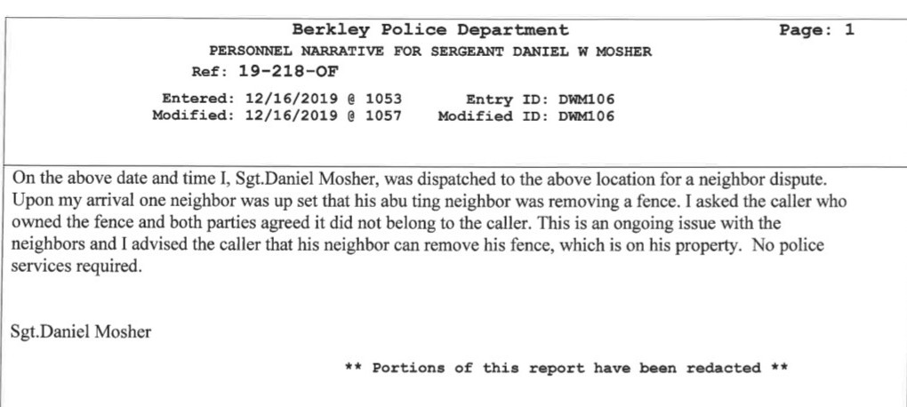 Personnel narrative report from the Berkley Police Department regarding a neighbor dispute involving Sergeant Daniel Mosher, detailing an incident on December 16, 2019.