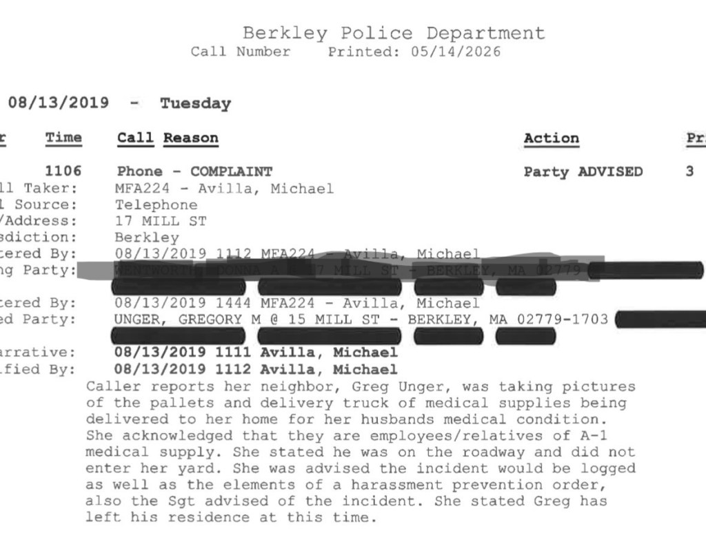 A police report detailing a complaint made on August 13, 2019, regarding a neighbor taking pictures of medical supply deliveries. The report includes names, addresses, and a narrative of the incident.