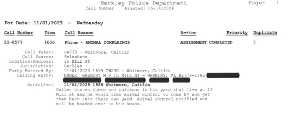 Police report detailing an animal complaint in Berkley regarding chickens in a yard at 17 Mill Street. The report includes call information, officer details, and the complaint narrative.