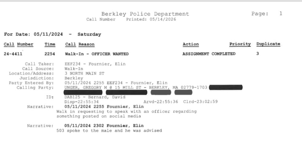 Berkley Police Department incident report detailing a walk-in request concerning an officer wanted, dated May 11, 2024. Includes call information and narrative.