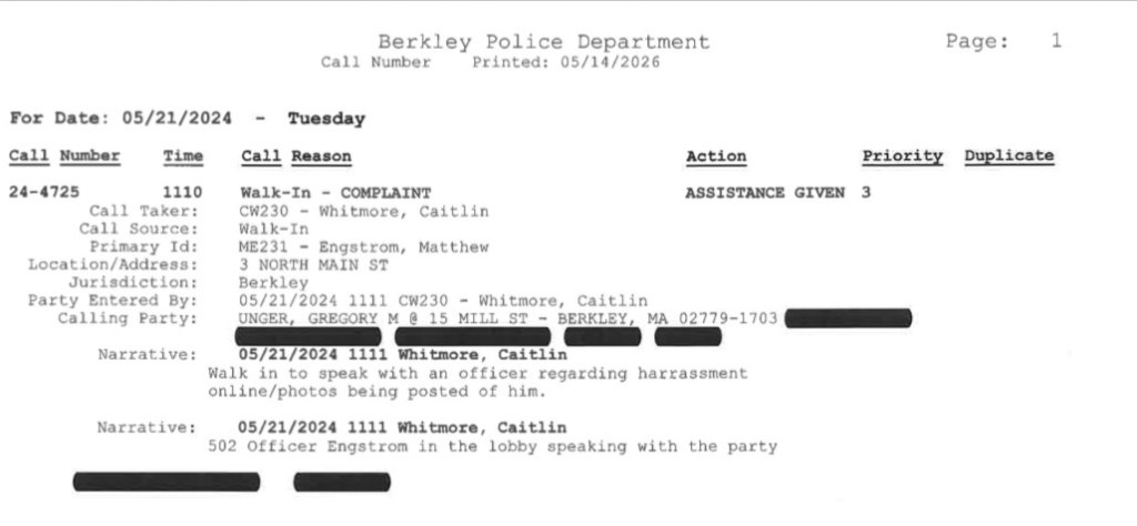 Berkley Police Department report detailing a walk-in complaint made by Caitlin Whitmore on 05/21/2024 regarding harassment, including officer interactions.