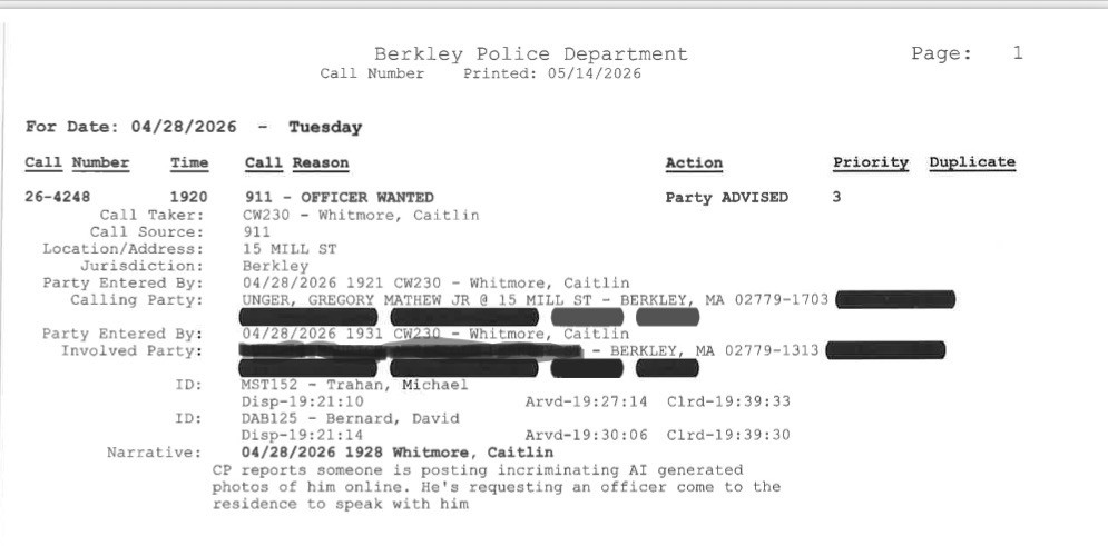 An official report from the Berkley Police Department regarding a 911 call for an officer wanted, dated April 28, 2026. The report includes call details, involved parties, and a narrative about someone posting information online.
