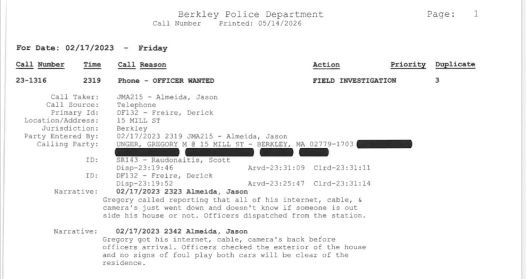 A police report from the Berkley Police Department dated February 17, 2023, detailing a phone call regarding an officer wanted for a field investigation at 15 Mill Street, Berkley, MA. The report includes call numbers, times, and a narrative about a resident's concerns with internet and cable services.