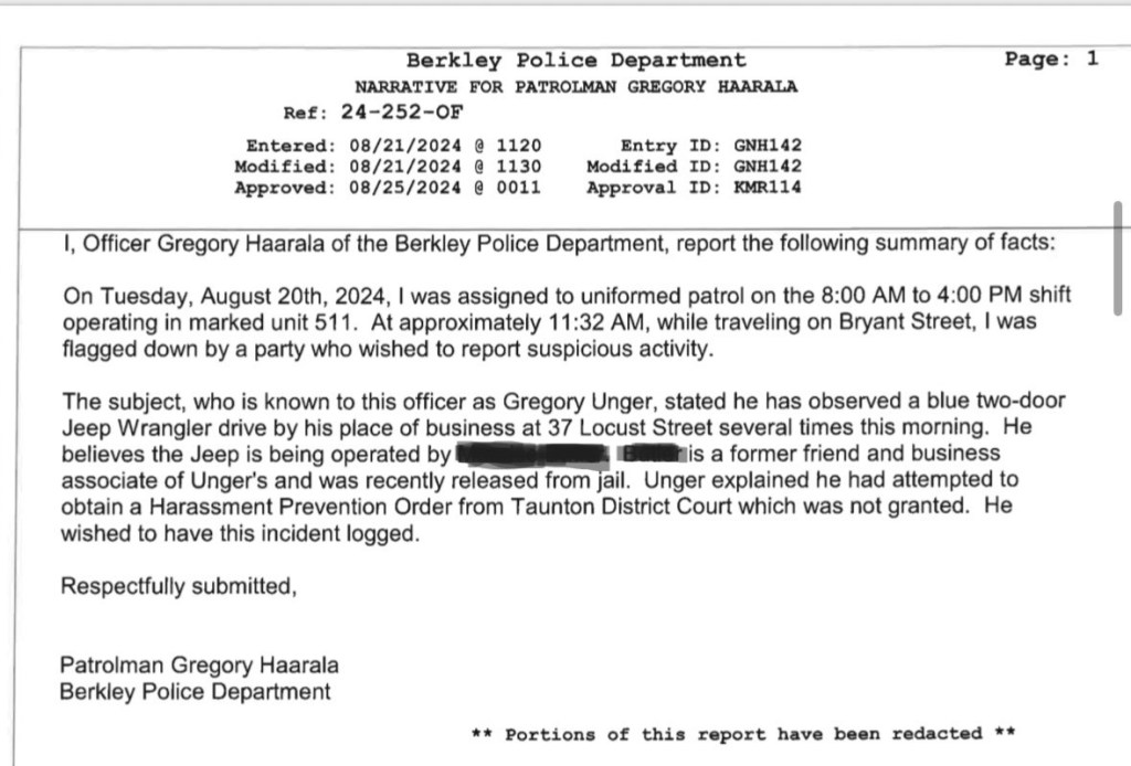 Police report summary detailing an incident observed by Officer Gregory Haarala on August 20, 2024. The report highlights a blue two-door Jeep Wrangler seen at a business location, suspected to be operated by a known individual in relation to a harassment prevention order.