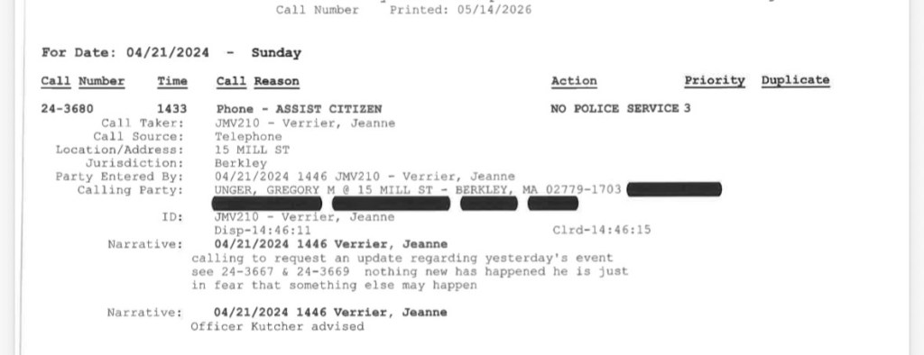 Document detailing a phone call for assistance on April 21, 2024, regarding a concerned citizen's request for an update on a previous event.