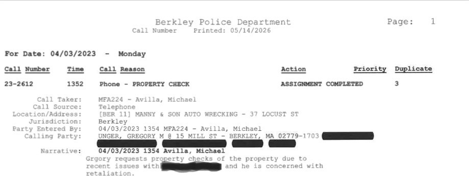 Berkley Police Department report detailing a property check call on April 3, 2023, including information about the call taker, location, jurisdiction, and a brief narrative.
