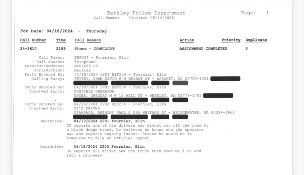 A police report from the Berkley Police Department detailing a phone complaint from April 18, 2024, regarding a possible vehicle operator involved in an incident. The report includes call details, names of involved parties, and a narrative of the incident.