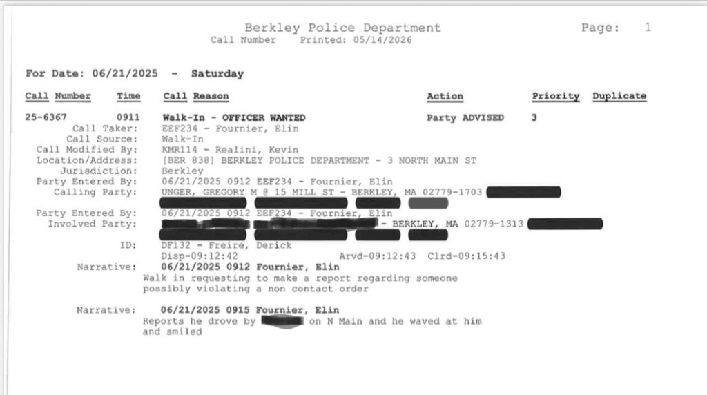 Police report from the Berkley Police Department, dated June 21, 2025, detailing a walk-in request regarding an officer wanted. The report includes call numbers, involved parties, and a narrative mentioning a possible violation of a non-contact order.