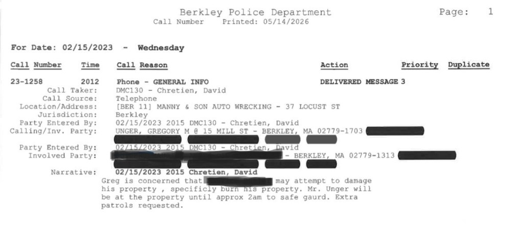 Berkley Police Department report detailing a call on February 15, 2023, regarding general information about property concerns at Manny & Son Auto Wrecking.