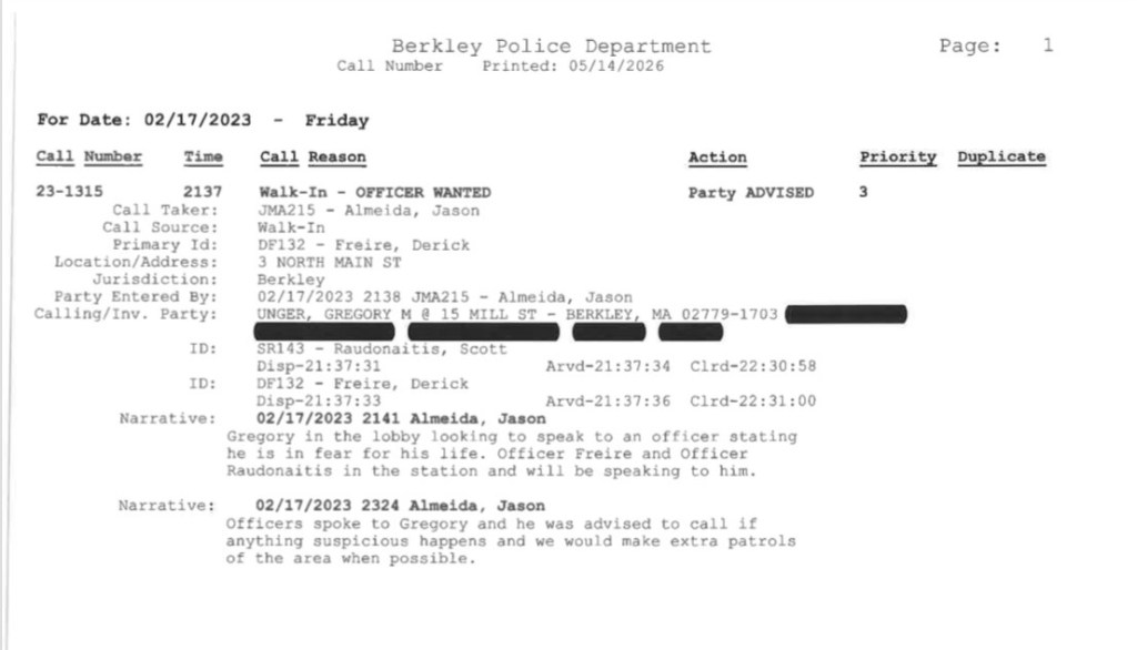 A police report from the Berkley Police Department dated February 17, 2023, detailing a walk-in request for an officer involving a person stating they are in fear for their life. The report includes timestamps, officer IDs, and narratives about interactions with the individual.